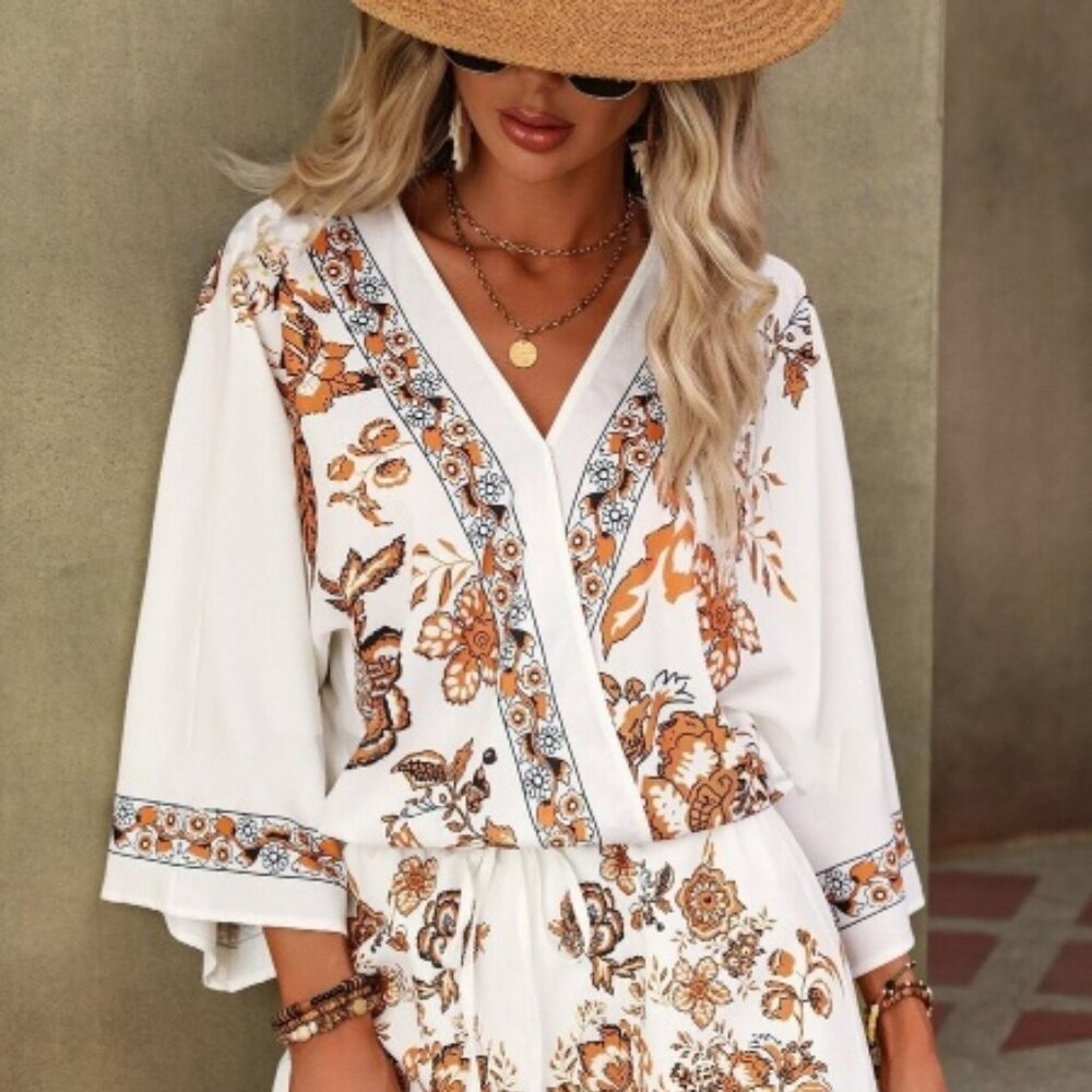 Boho Floral Print Drop Shoulder Blouse & Shorts